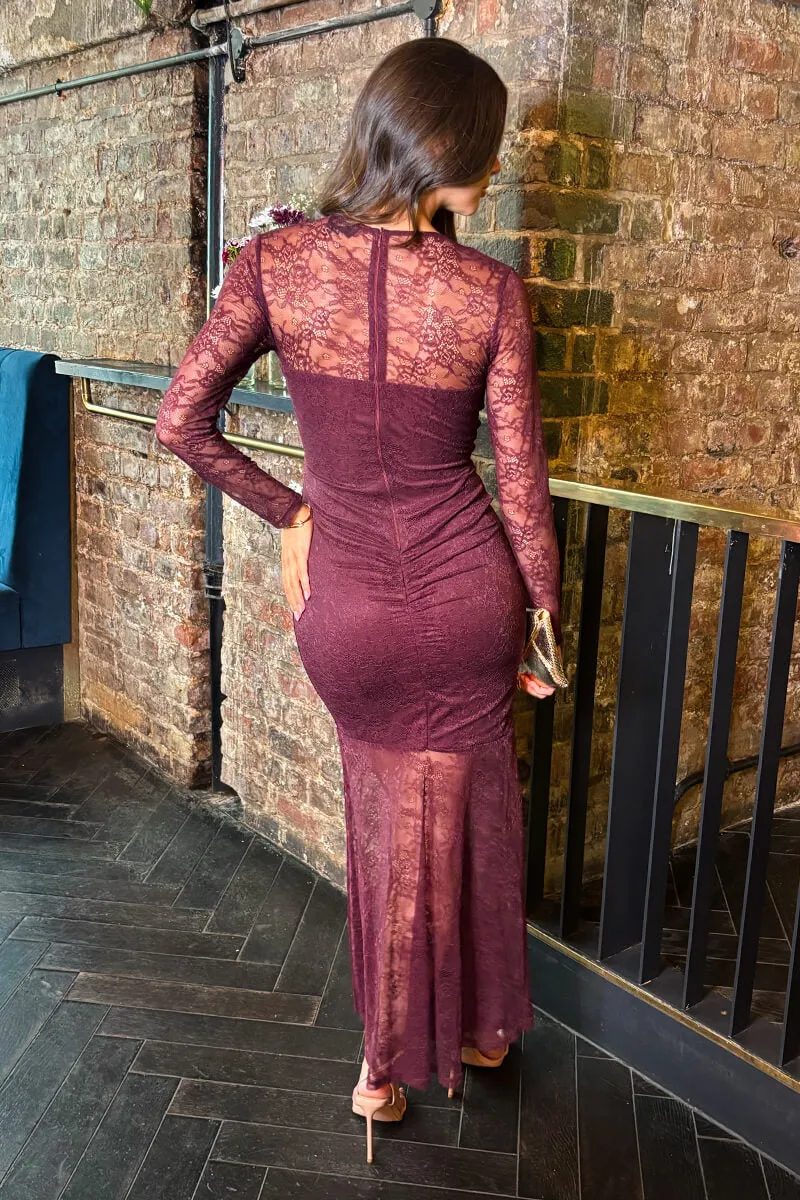 Plum Lace Overlay Ruched Front Bodycon Midi Dress sold by AX Paris product image thumbnail 5