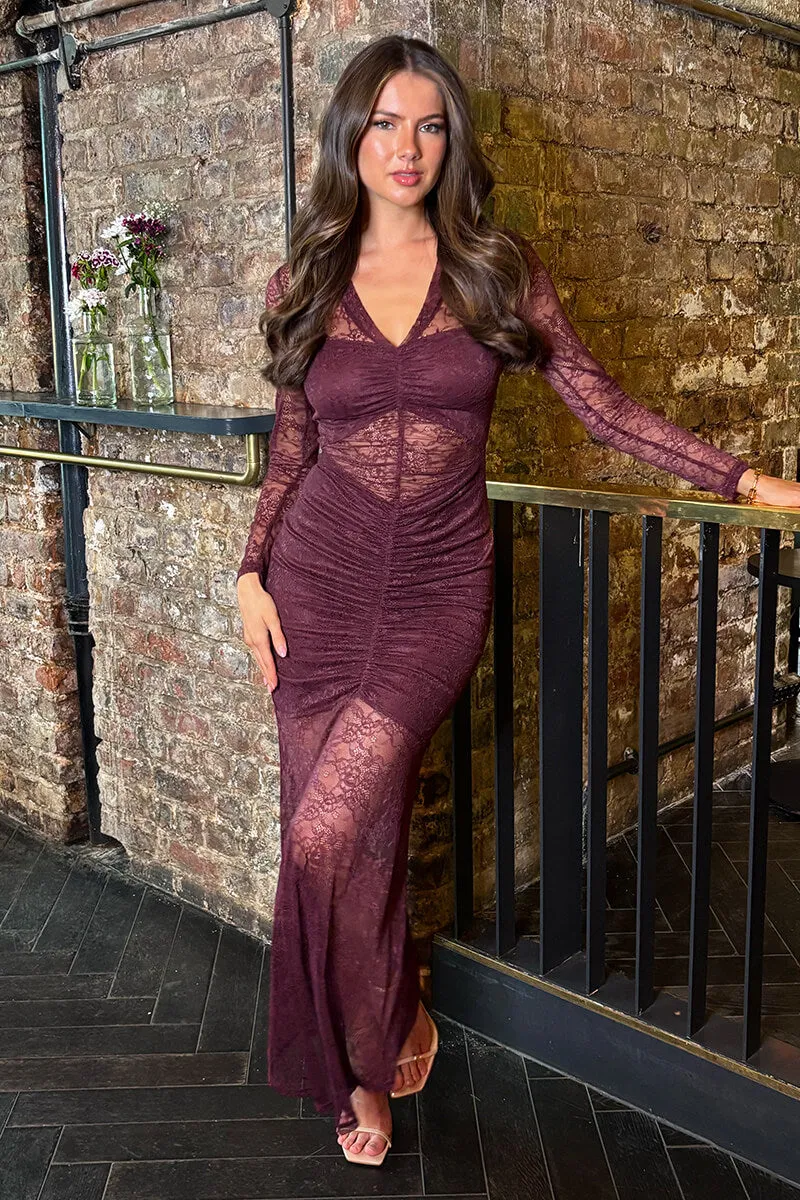 Plum Lace Overlay Ruched Front Bodycon Midi Dress sold by AX Paris product image thumbnail 3
