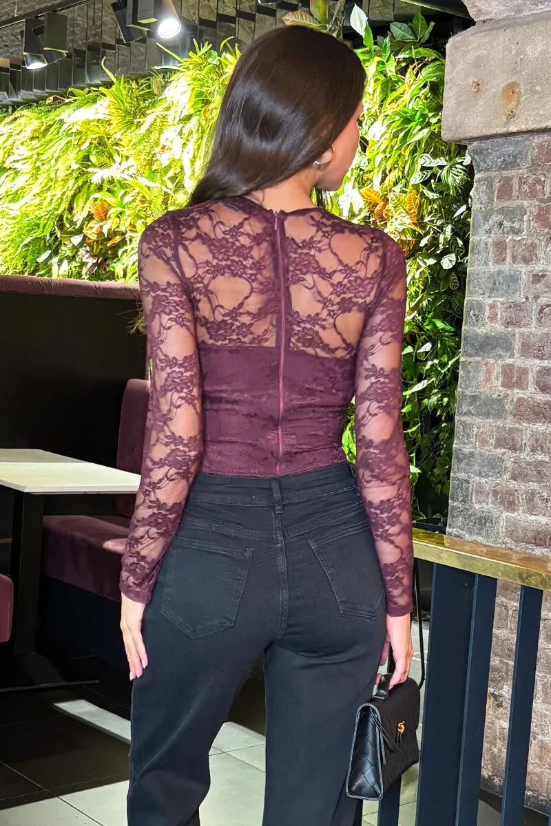 Plum Lace Overlay Long Sleeve Bodysuit sold by AX Paris product image thumbnail 5