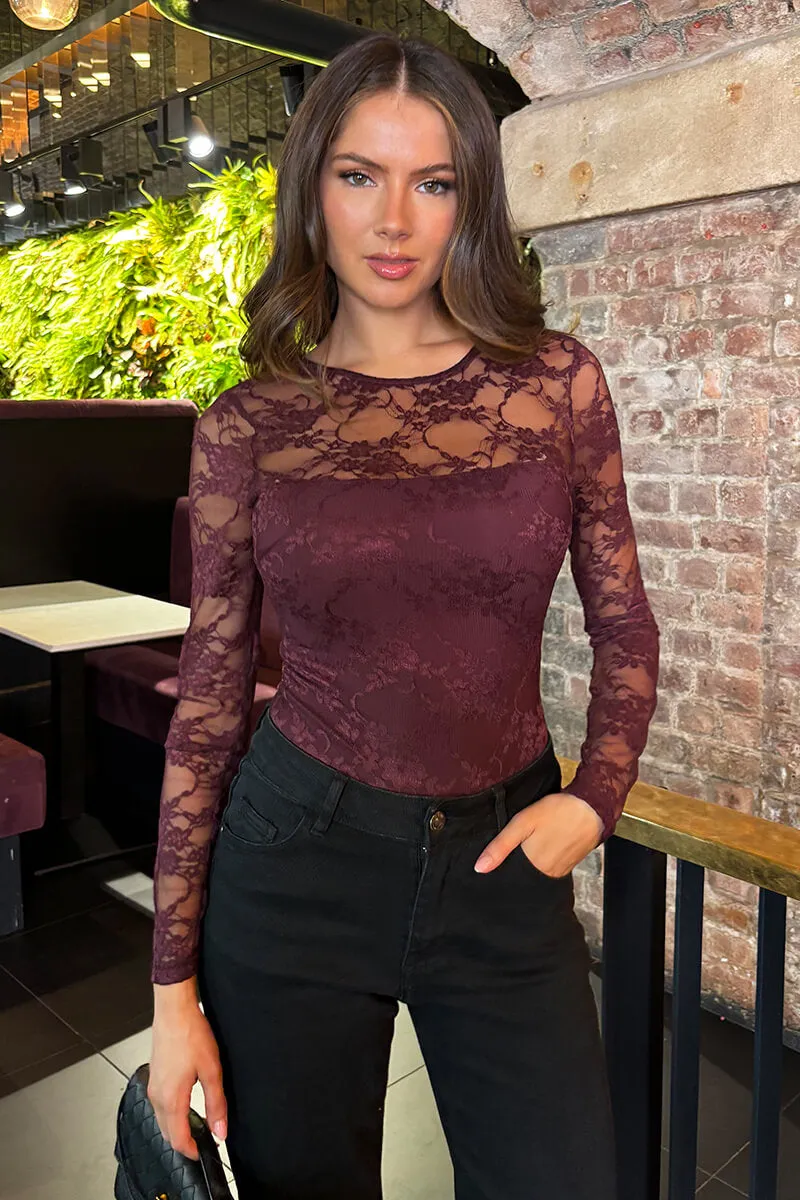 Plum Lace Overlay Long Sleeve Bodysuit sold by AX Paris product image thumbnail 3