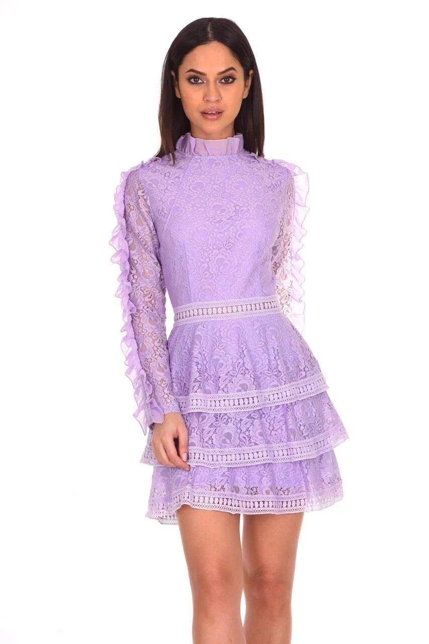 Lilac Lace Tiered Mini Dress sold by AX Paris