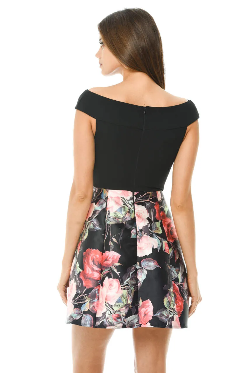 Black Printed Floral 2 in 1 Off Shoulder Midi Skater Dress sold by AX Paris product image thumbnail 3