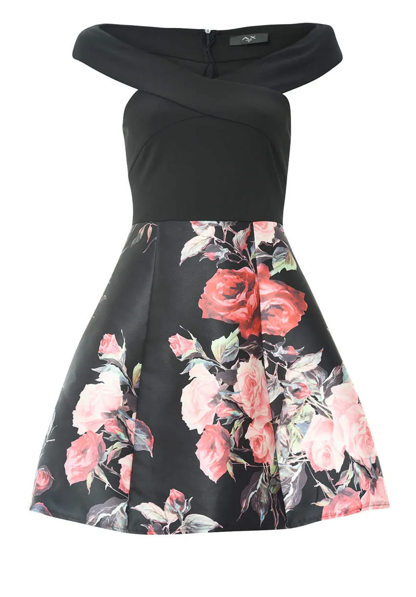 Black Printed Floral 2 in 1 Off Shoulder Midi Skater Dress sold by AX Paris product image thumbnail 4