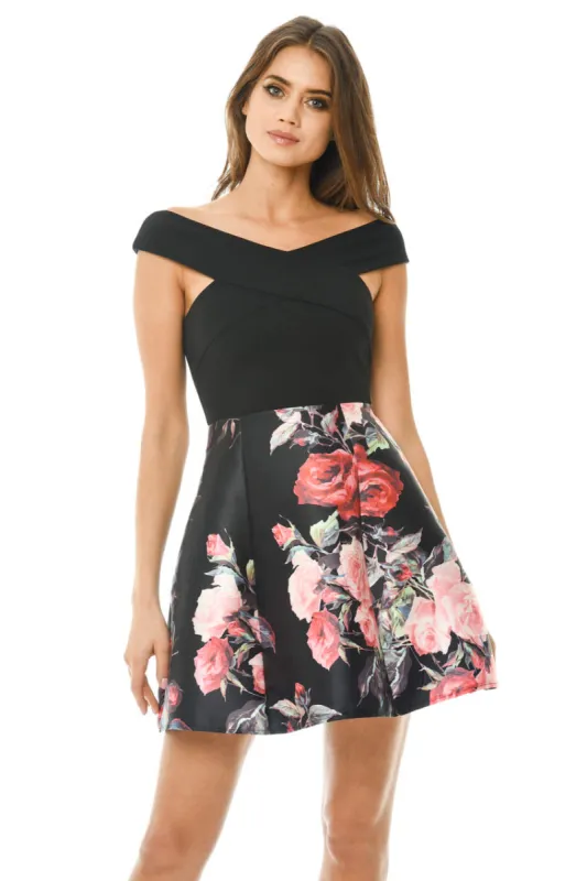 Black Printed Floral 2 in 1 Off Shoulder Midi Skater Dress sold by AX Paris