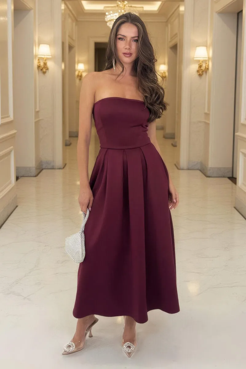 Plum Bandeau A-Line Skirt Midi Dress sold by AX Paris