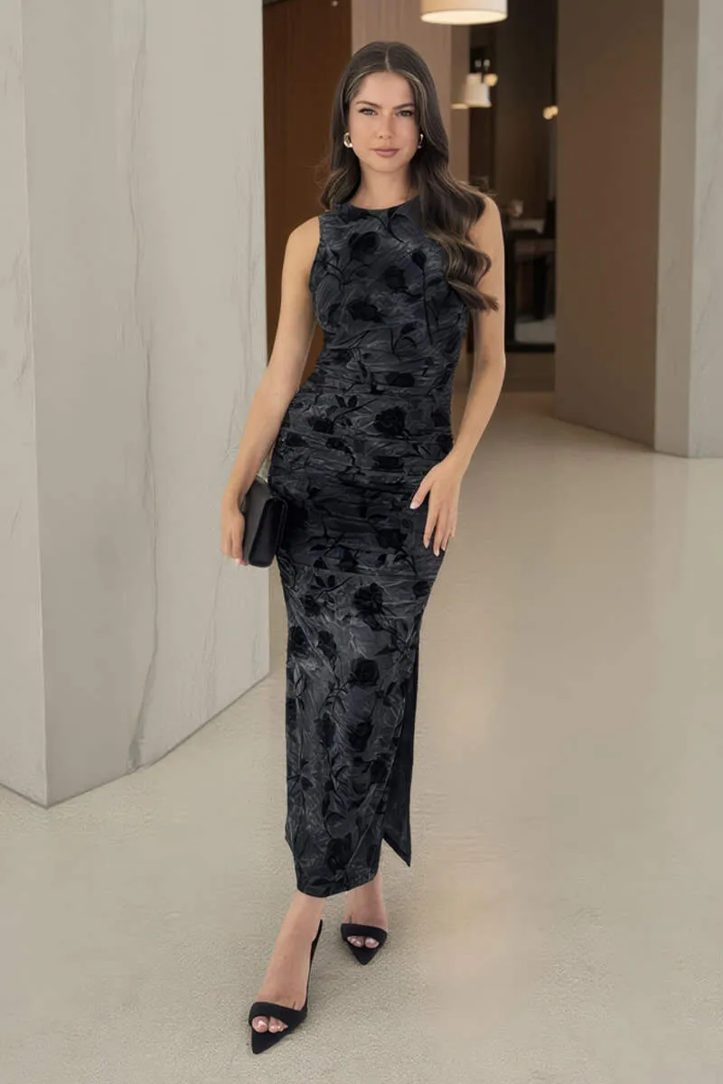 Black And Grey Velour Rose Detail Bodycon Midi Dress sold by AX Paris product image thumbnail 2