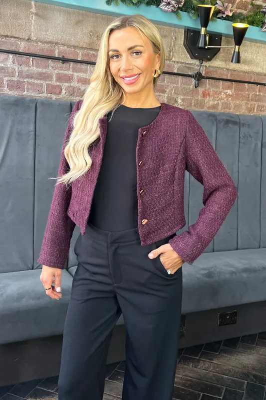Wine Tweed Button Front Jacket made by AX Paris