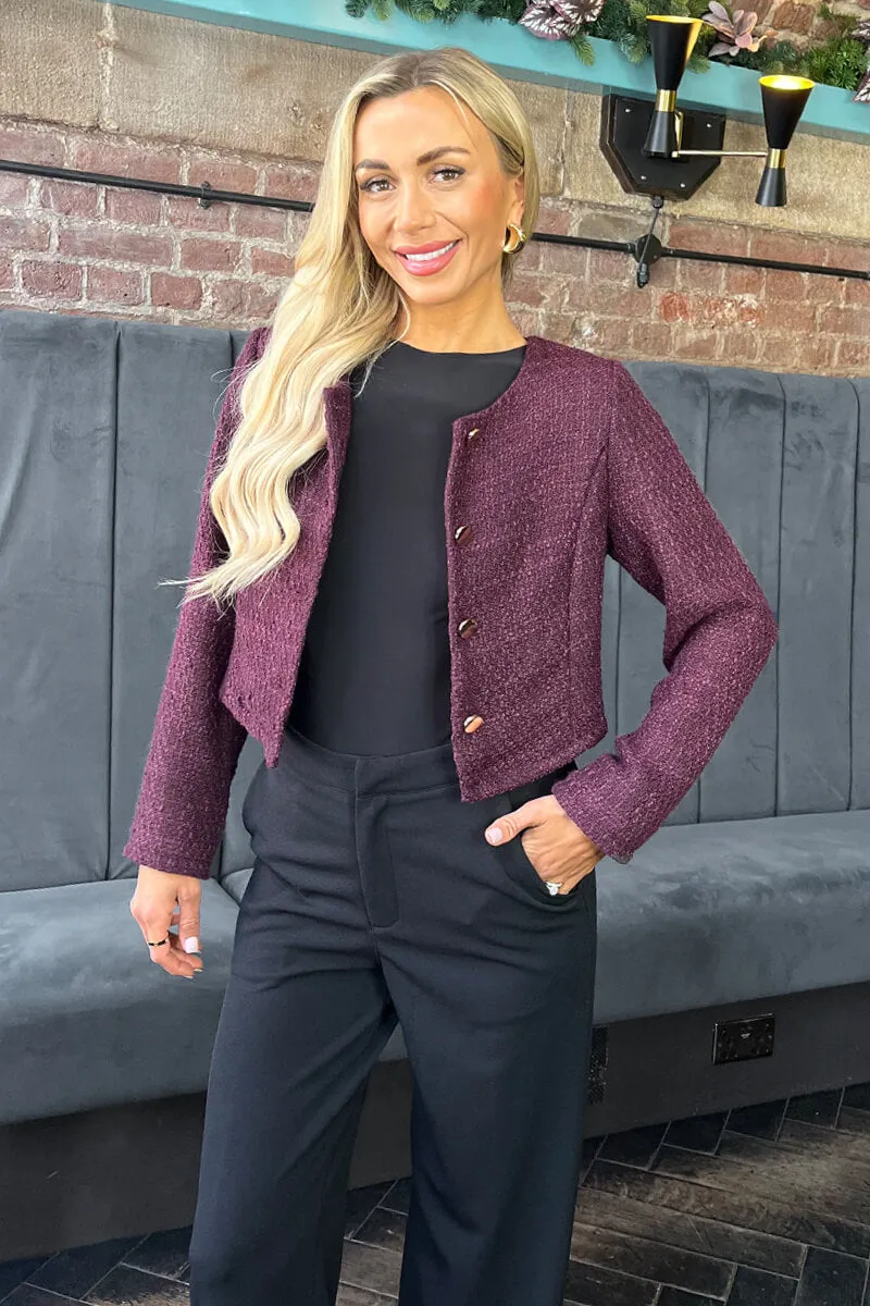 Wine Tweed Button Front Jacket sold by AX Paris