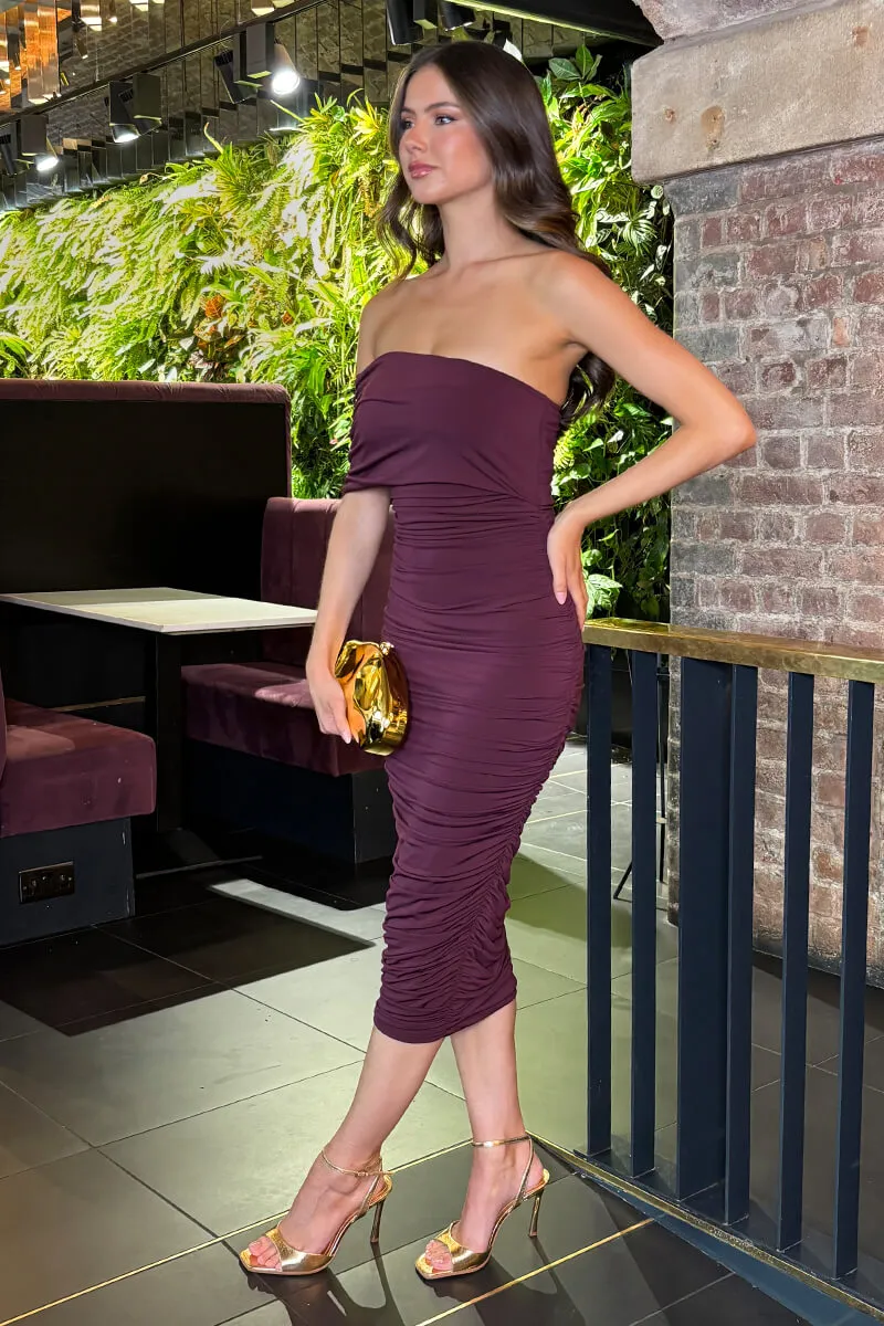 Dark Plum One Shoulder Bardot Ruched Midi Dress sold by AX Paris product image thumbnail 4