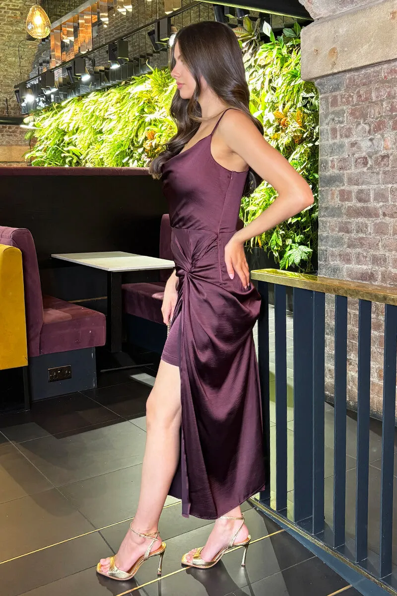 Dark Plum Satin Cowl Neck Knot Skirt Midi Dress sold by AX Paris product image thumbnail 4