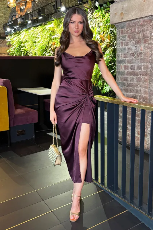 Dark Plum Satin Cowl Neck Knot Skirt Midi Dress sold by AX Paris