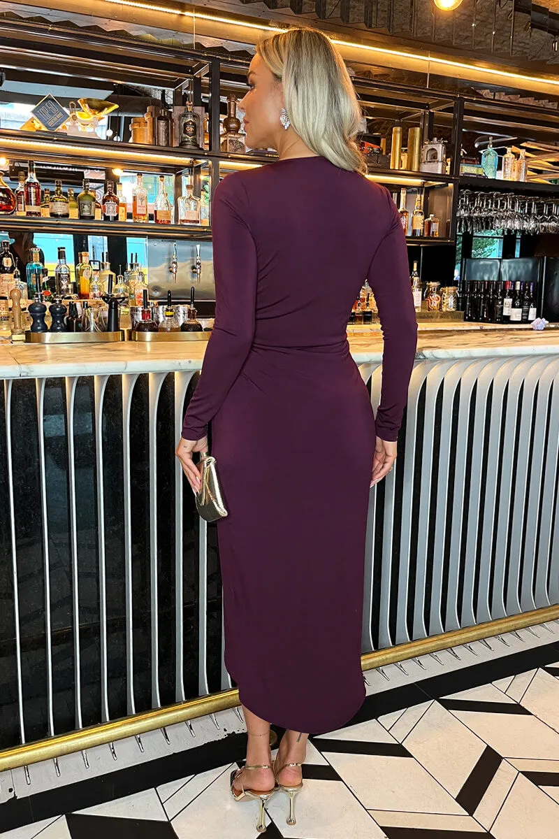 Dark Plum Long Sleeve Ring Detail Wrap Midi Dress sold by AX Paris product image thumbnail 5