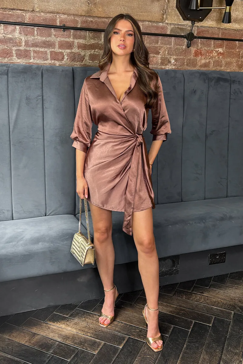 Chocolate Satin Tie Waist Wrap Shirt Mini Dress sold by AX Paris product image thumbnail 2