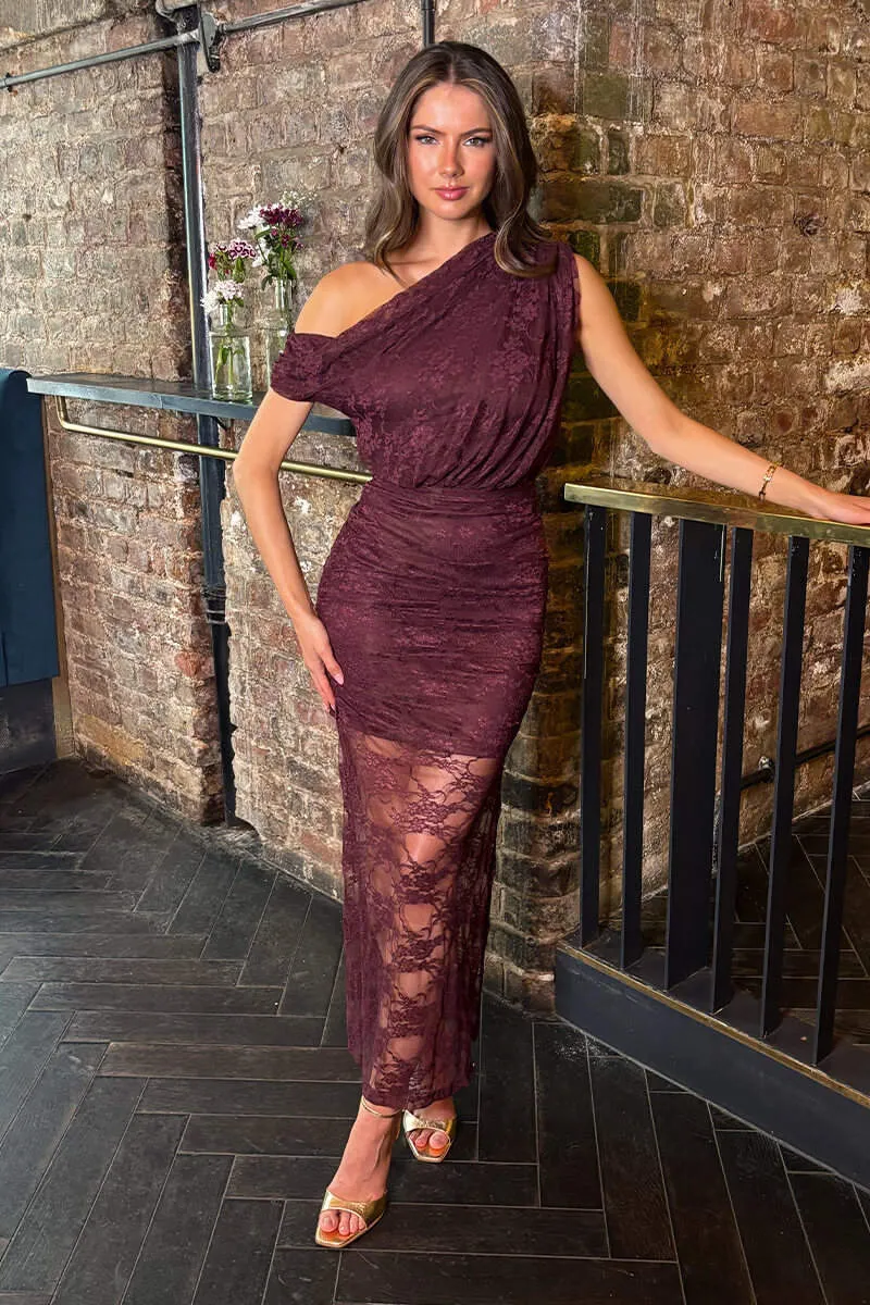 Plum Lace Overlay Off The Shoulder Midi Dress sold by AX Paris