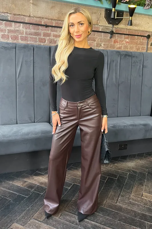 Chocolate Faux Leather Wide Leg Trousers sold by AX Paris