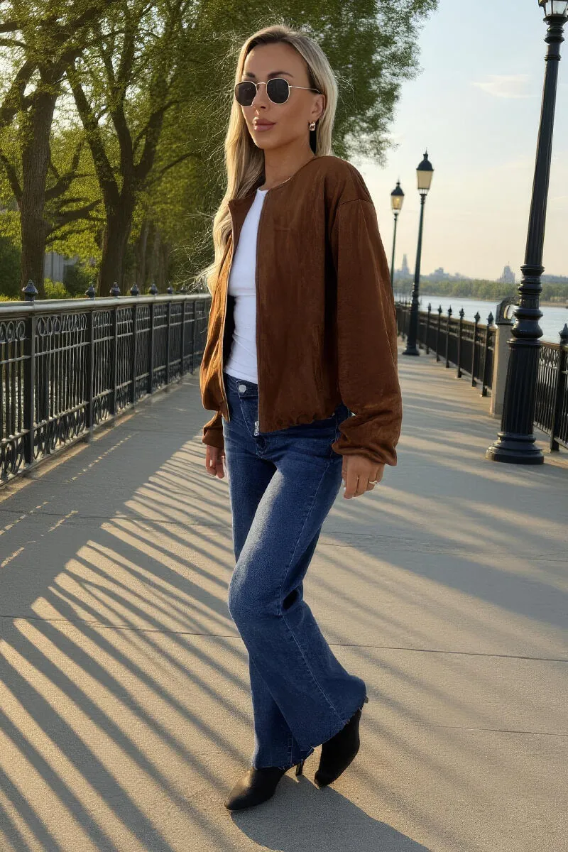 Tan Faux Suede Bubble Hem Bomber Jacket sold by AX Paris product image thumbnail 3