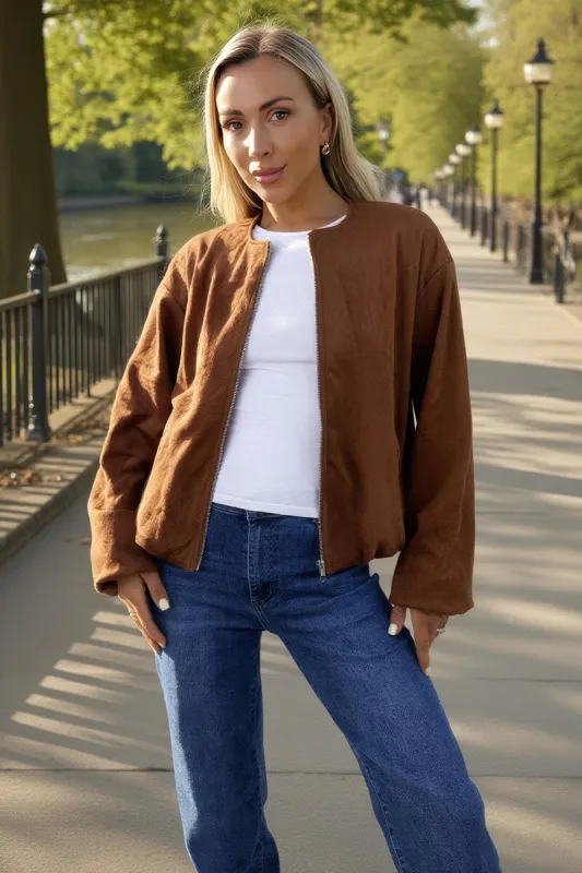 Tan Faux Suede Bubble Hem Bomber Jacket sold by AX Paris
