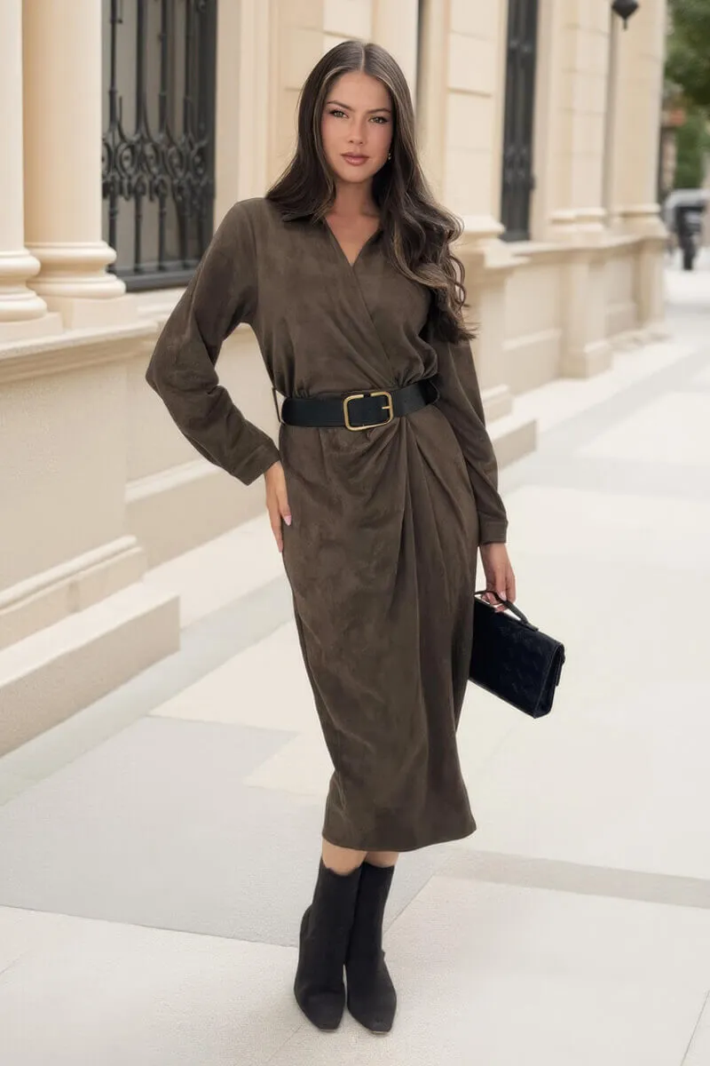 Khaki Faux Suede Belted Wrap Shirt Midi Dress sold by AX Paris product image thumbnail 2