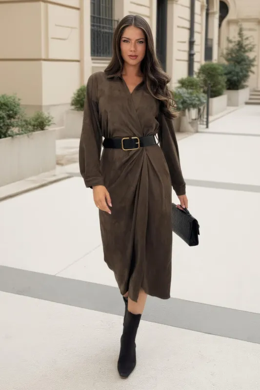 Khaki Faux Suede Belted Wrap Shirt Midi Dress sold by AX Paris