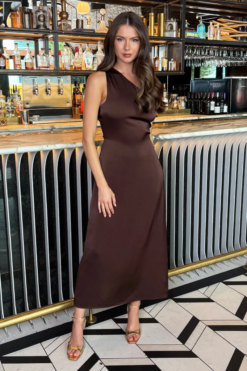 Chocolate One Shoulder Open Back Twist Detail Midi Dress sold by AX Paris product image thumbnail 3