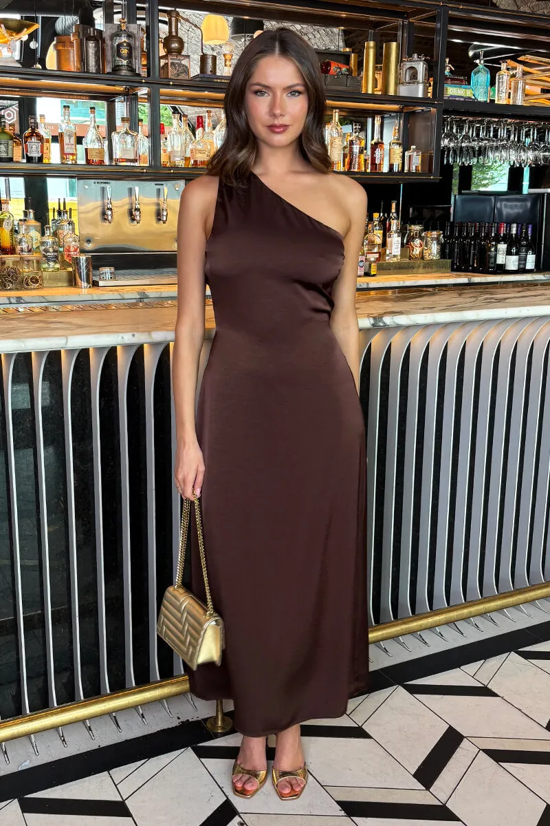 Chocolate One Shoulder Open Back Twist Detail Midi Dress sold by AX Paris