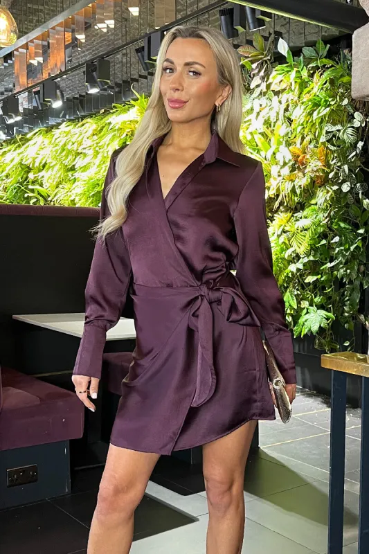 Plum Satin Tie Waist Wrap Shirt Mini Dress sold by AX Paris
