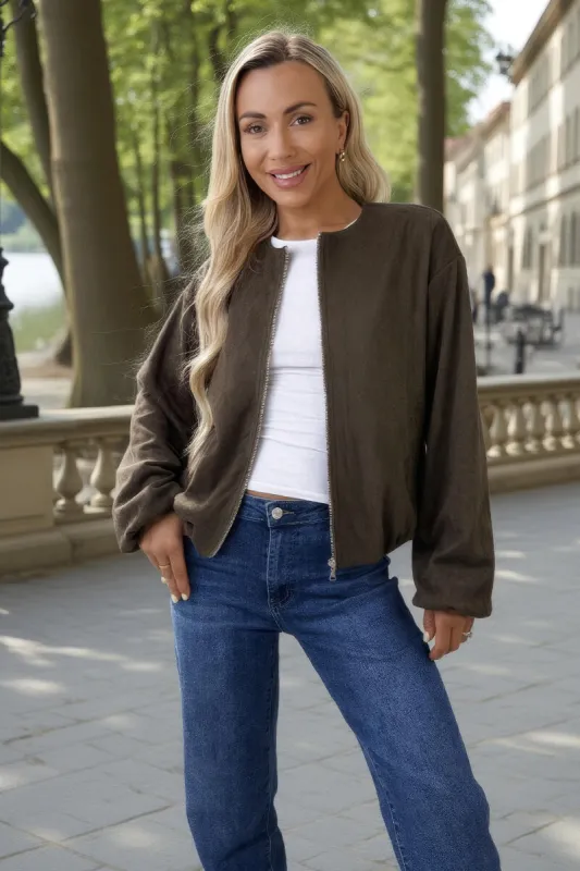 Khaki Faux Suede Bubble Hem Bomber Jacket sold by AX Paris
