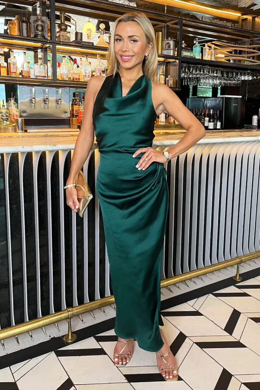 Teal Satin Cowl Neck Cross Back Midi Dress sold by AX Paris