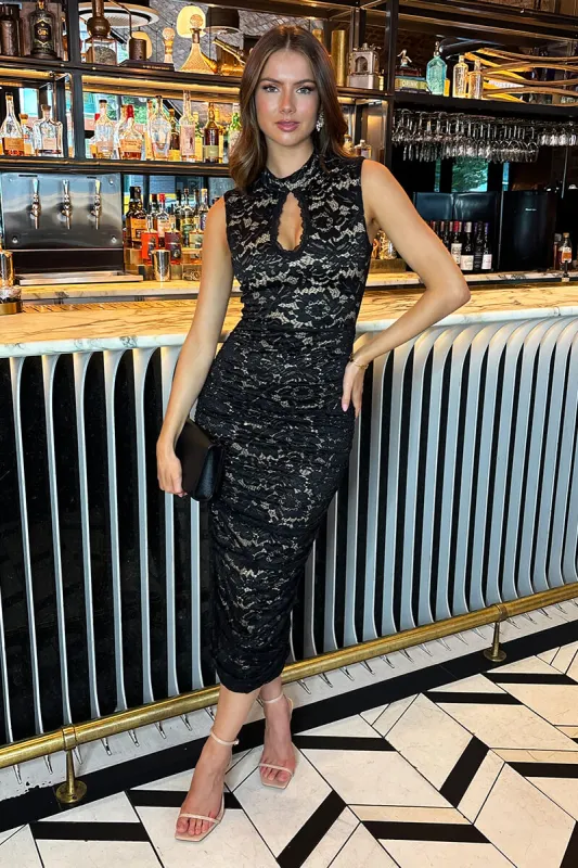 Black Lace Contrast Keyhole Neck Ruched Midi Dress sold by AX Paris