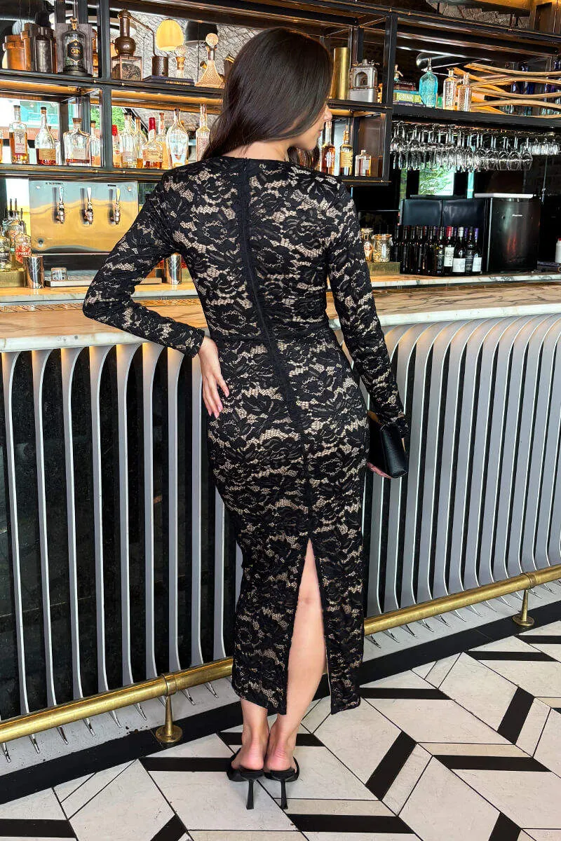 Black Lace Contrast Draped Waist Midi Dress sold by AX Paris product image thumbnail 5