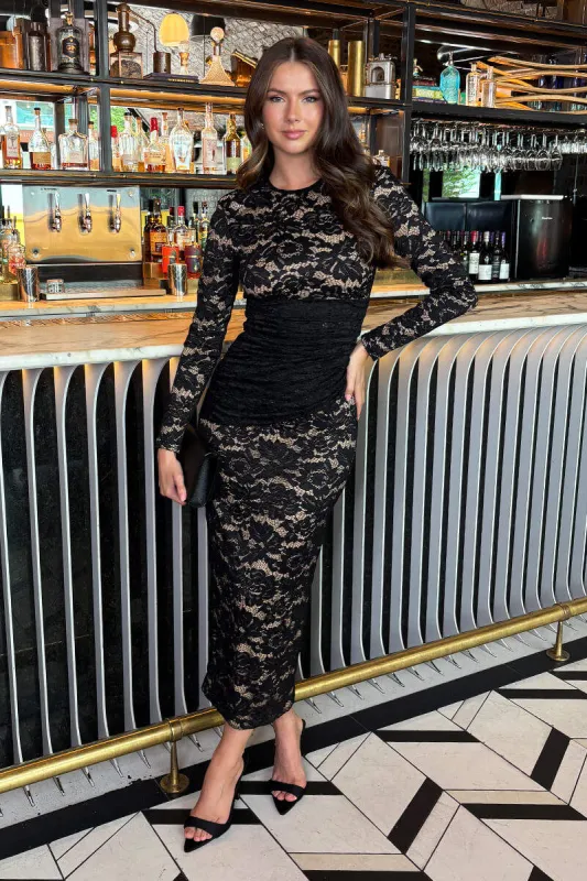 Black Lace Contrast Draped Waist Midi Dress sold by AX Paris