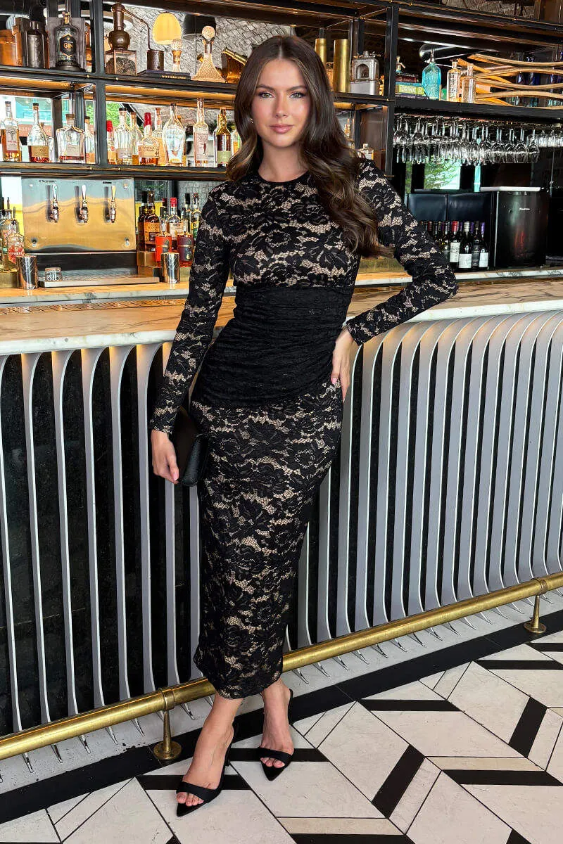 Black Lace Contrast Draped Waist Midi Dress sold by AX Paris