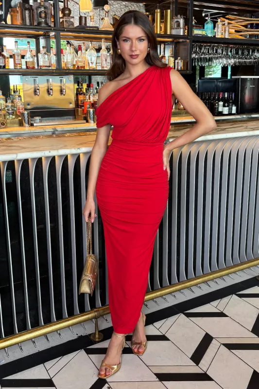 Red Off The Shoulder Draped Top Midi Dress sold by AX Paris