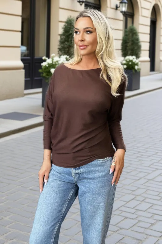 Chocolate Knit Long Sleeve Asymmetric Top sold by AX Paris