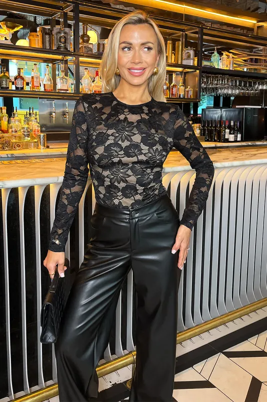 Black Contrast Lace Overlay Long Sleeve Bodysuit sold by AX Paris