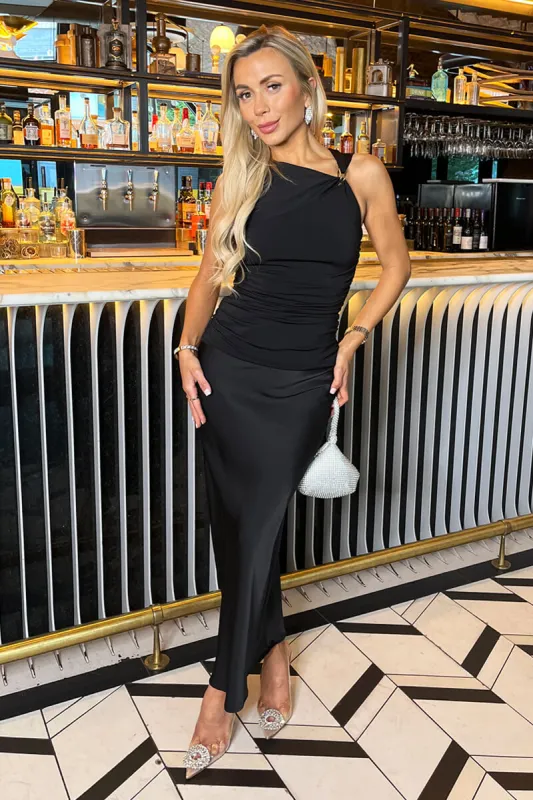 Black Satin Midi Skirt sold by AX Paris