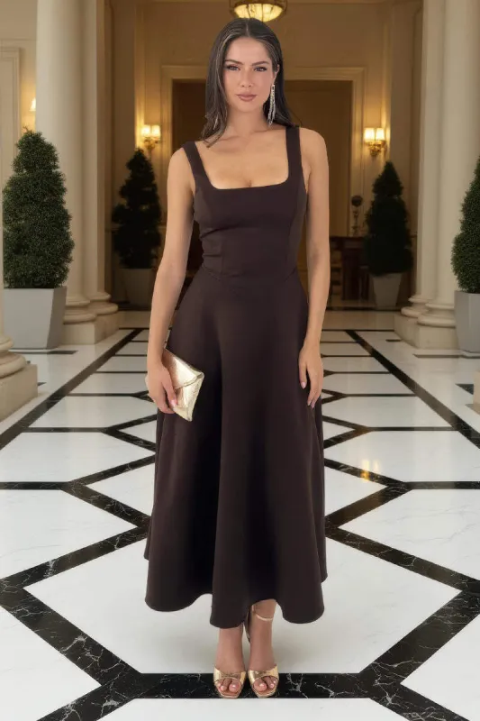 Chocolate Square Neck A-line Midi Dress sold by AX Paris