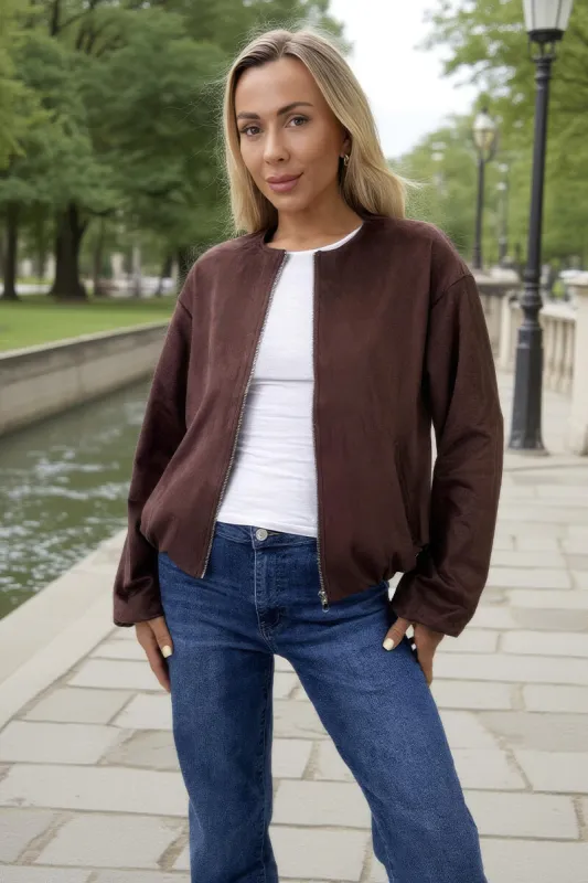 Chocolate Faux Suede Bubble Hem Bomber Jacket sold by AX Paris