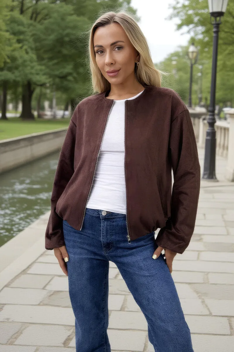 Chocolate Faux Suede Bubble Hem Bomber Jacket sold by AX Paris