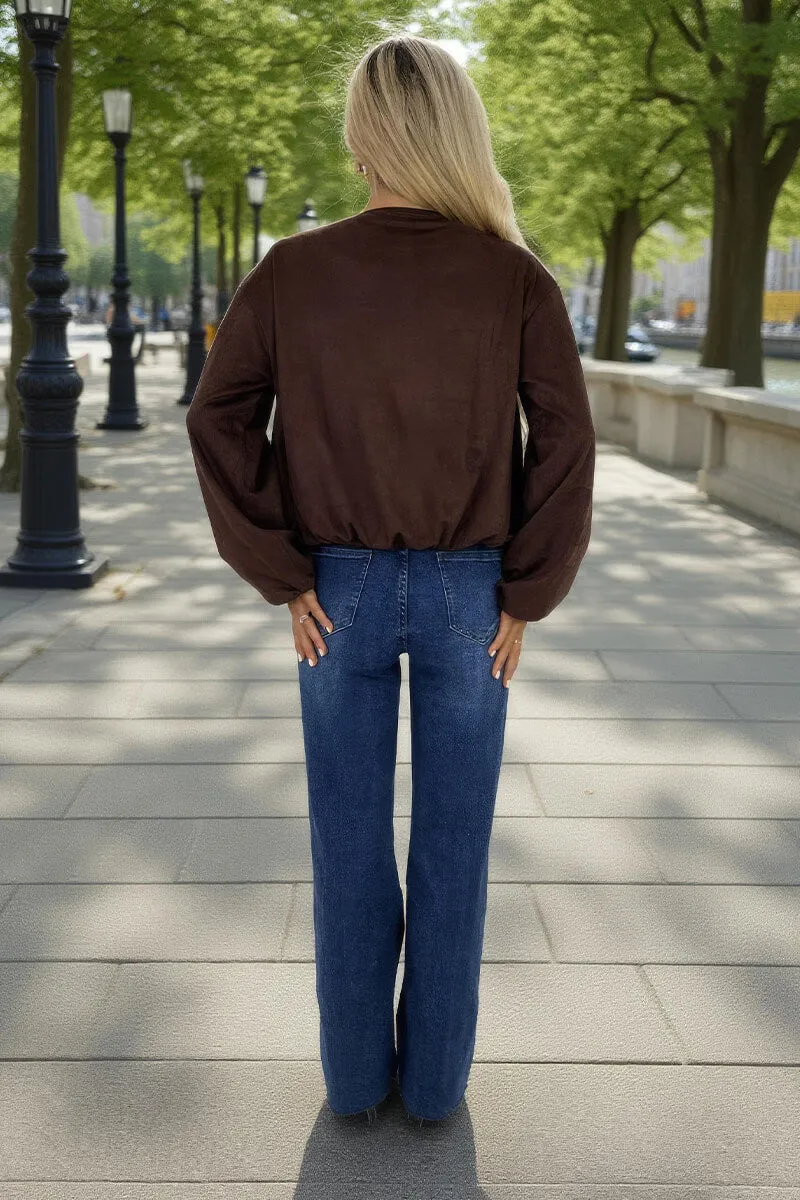 Chocolate Faux Suede Bubble Hem Bomber Jacket sold by AX Paris product image thumbnail 5