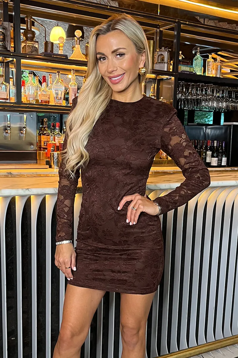 Chocolate Lace Long Sleeve Bodycon Mini Dress sold by AX Paris