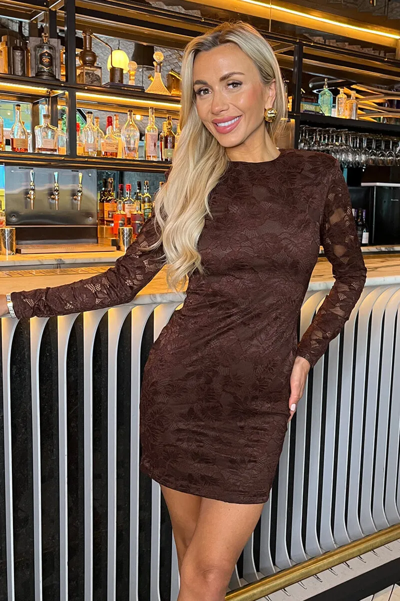 Chocolate Lace Long Sleeve Bodycon Mini Dress sold by AX Paris product image thumbnail 3