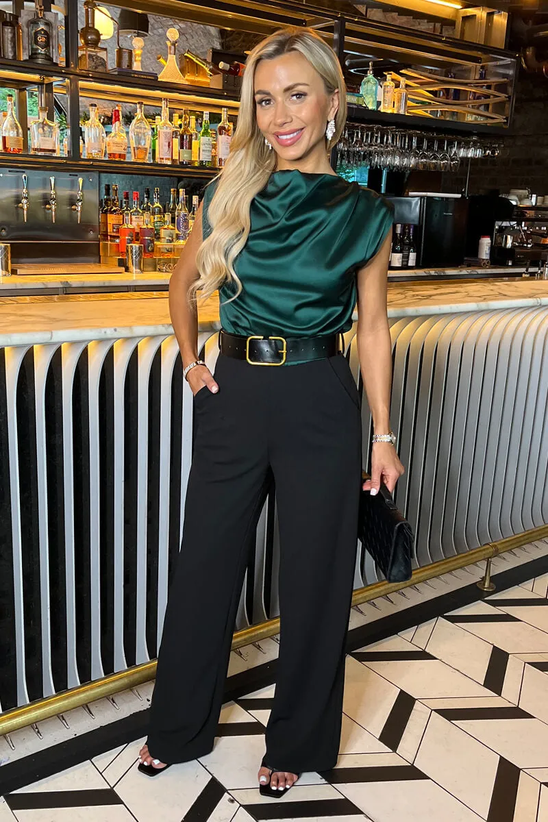 Teal 2 in 1 Draped Neck Belted Wide Leg Jumpsuit sold by AX Paris