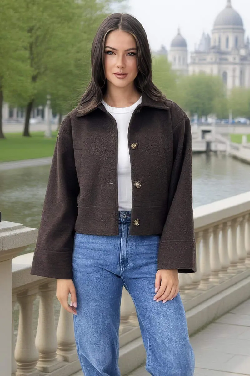 Chocolate Marl Button Front Collared Jacket sold by AX Paris product image thumbnail 3