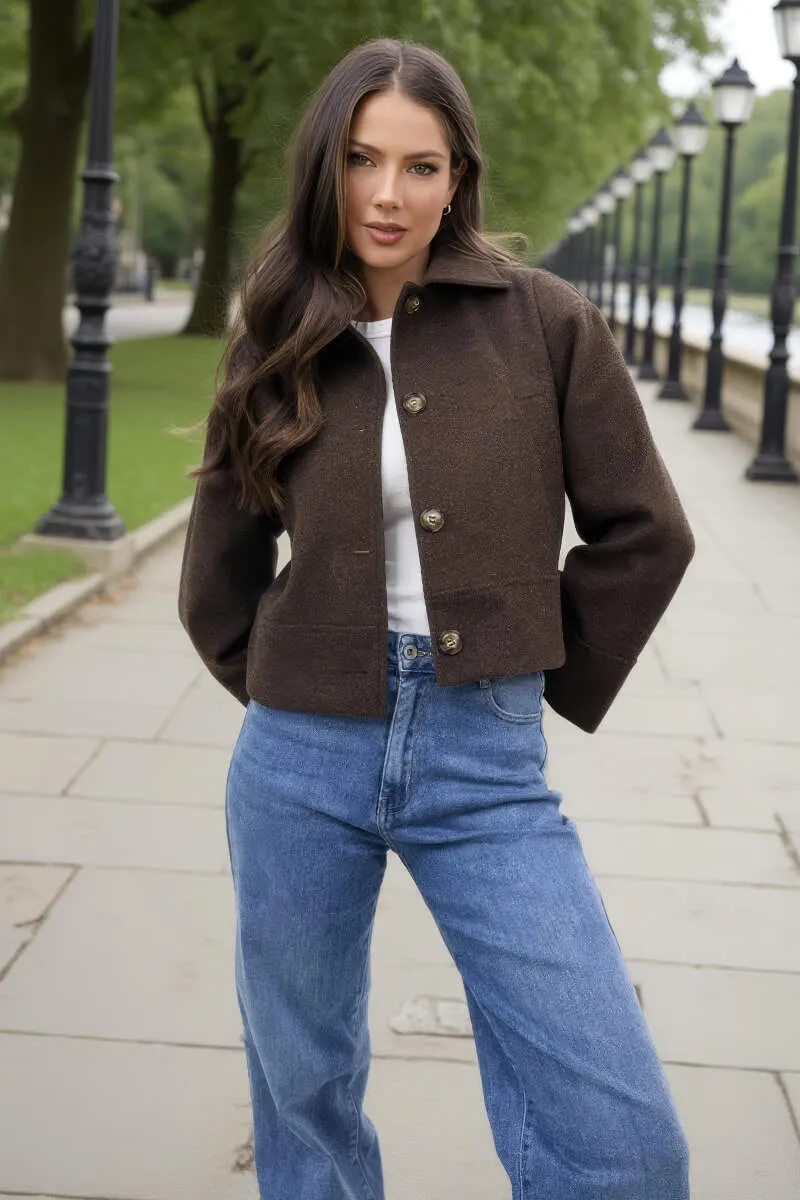 Chocolate Marl Button Front Collared Jacket sold by AX Paris