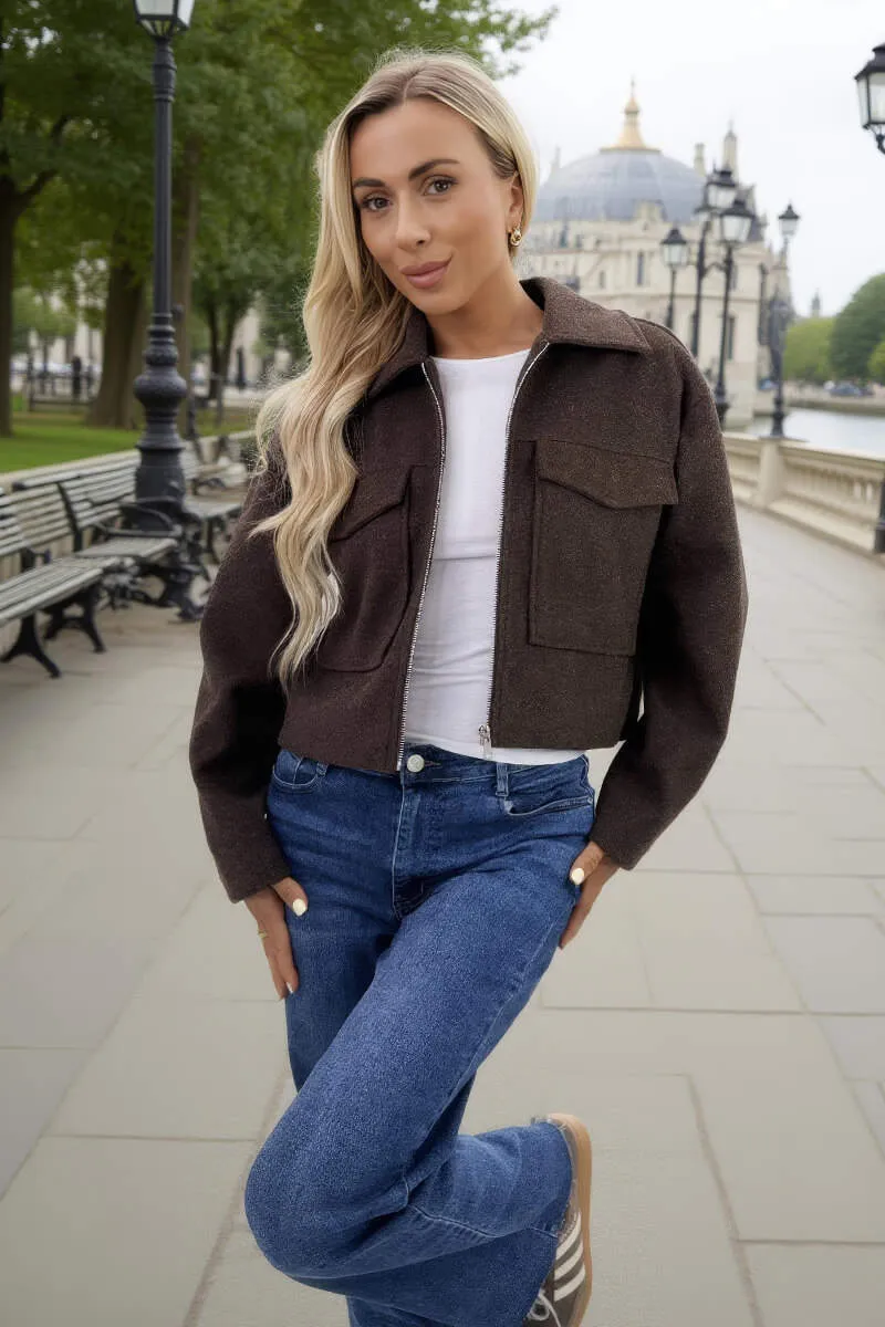 Chocolate Marl Zip Up Pocket Detail Boxy Jacket sold by AX Paris product image thumbnail 3