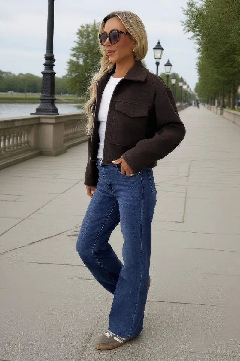 Chocolate Marl Zip Up Pocket Detail Boxy Jacket sold by AX Paris product image thumbnail 4