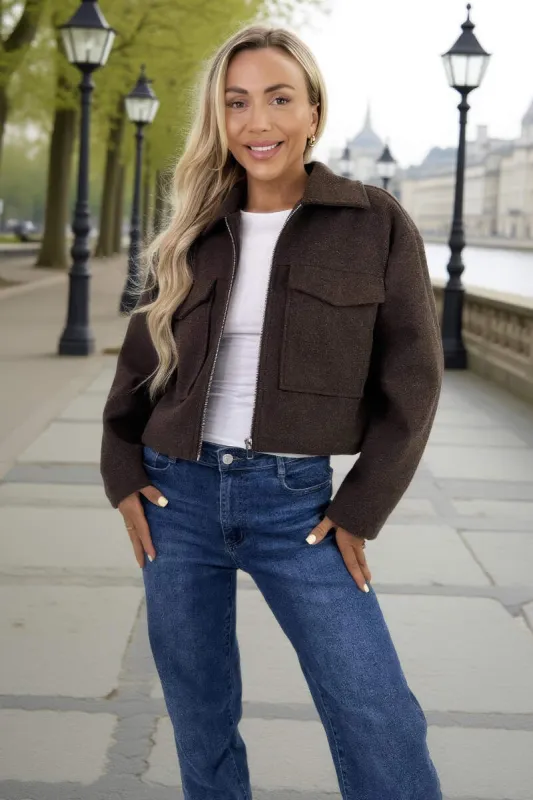 Chocolate Marl Zip Up Pocket Detail Boxy Jacket sold by AX Paris