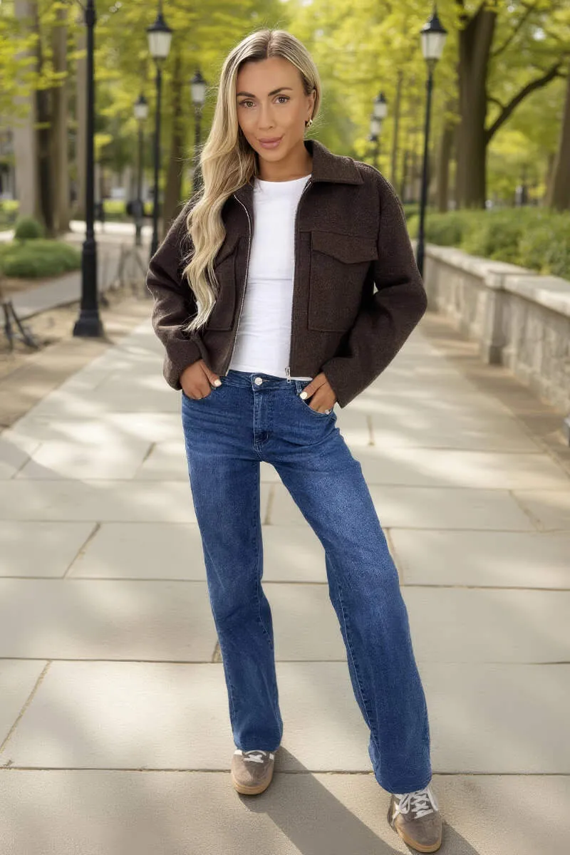 Chocolate Marl Zip Up Pocket Detail Boxy Jacket sold by AX Paris product image thumbnail 2