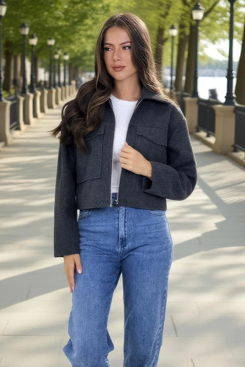 Dark Grey Marl Zip Up Pocket Detail Boxy Jacket sold by AX Paris product image thumbnail 3